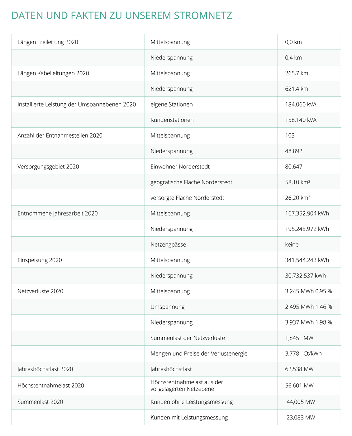 eine Tabelle mit Daten und Fakten zu unserem Stromnetz